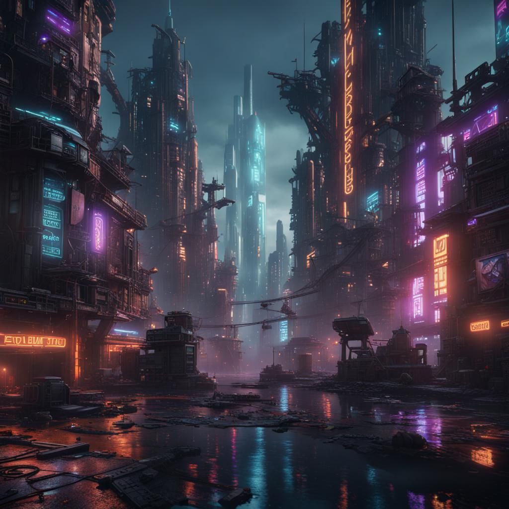 Cyberpunk Cityscape with Mega Blocks: Detailed Matte Paintin...