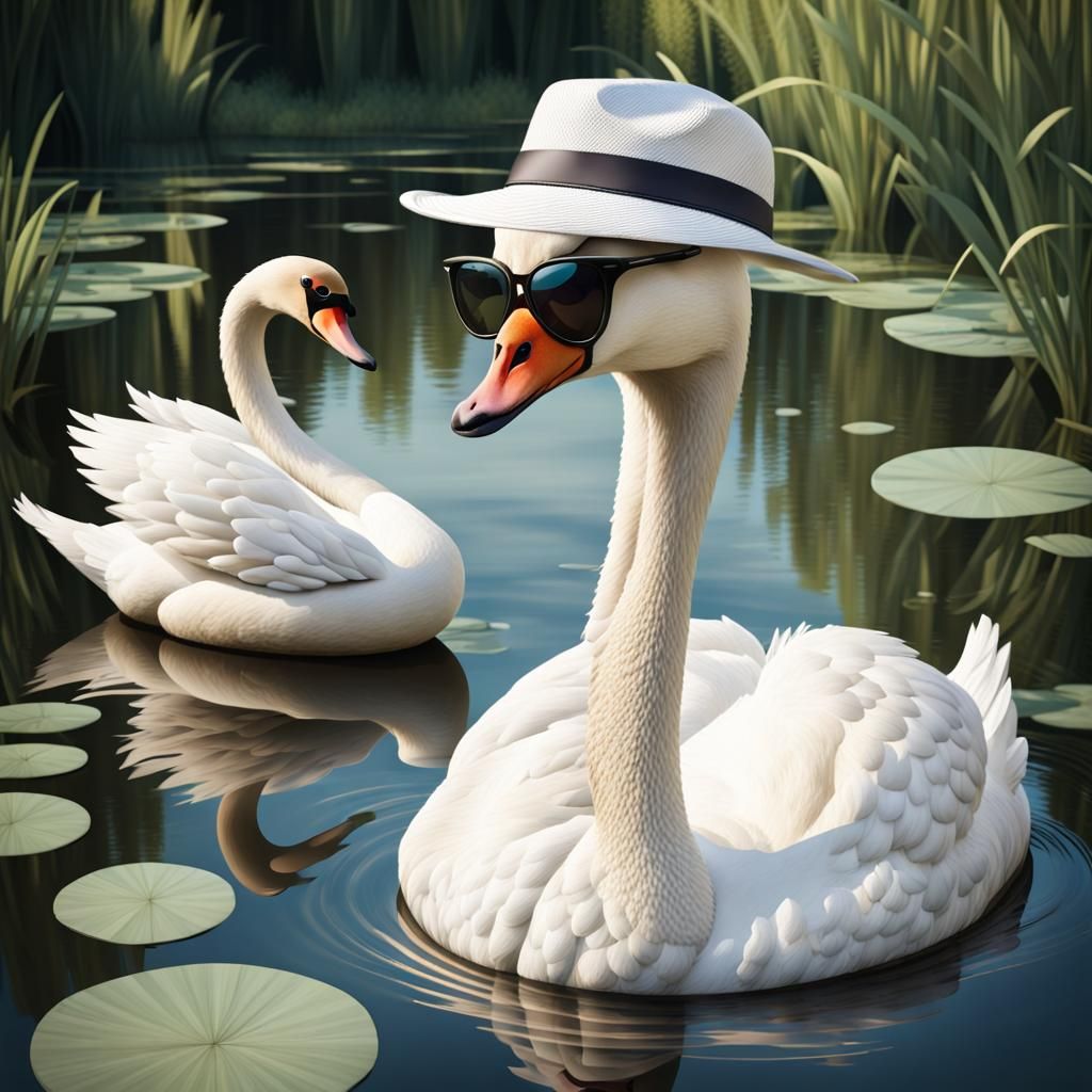 Modern art style: White swan with sunglasses and a fishing hat in a pond