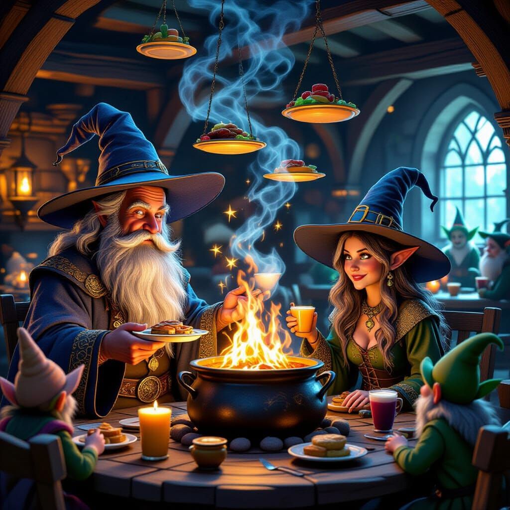 Enchanted Wizard Cafe with Pixie and Goblin Patrons