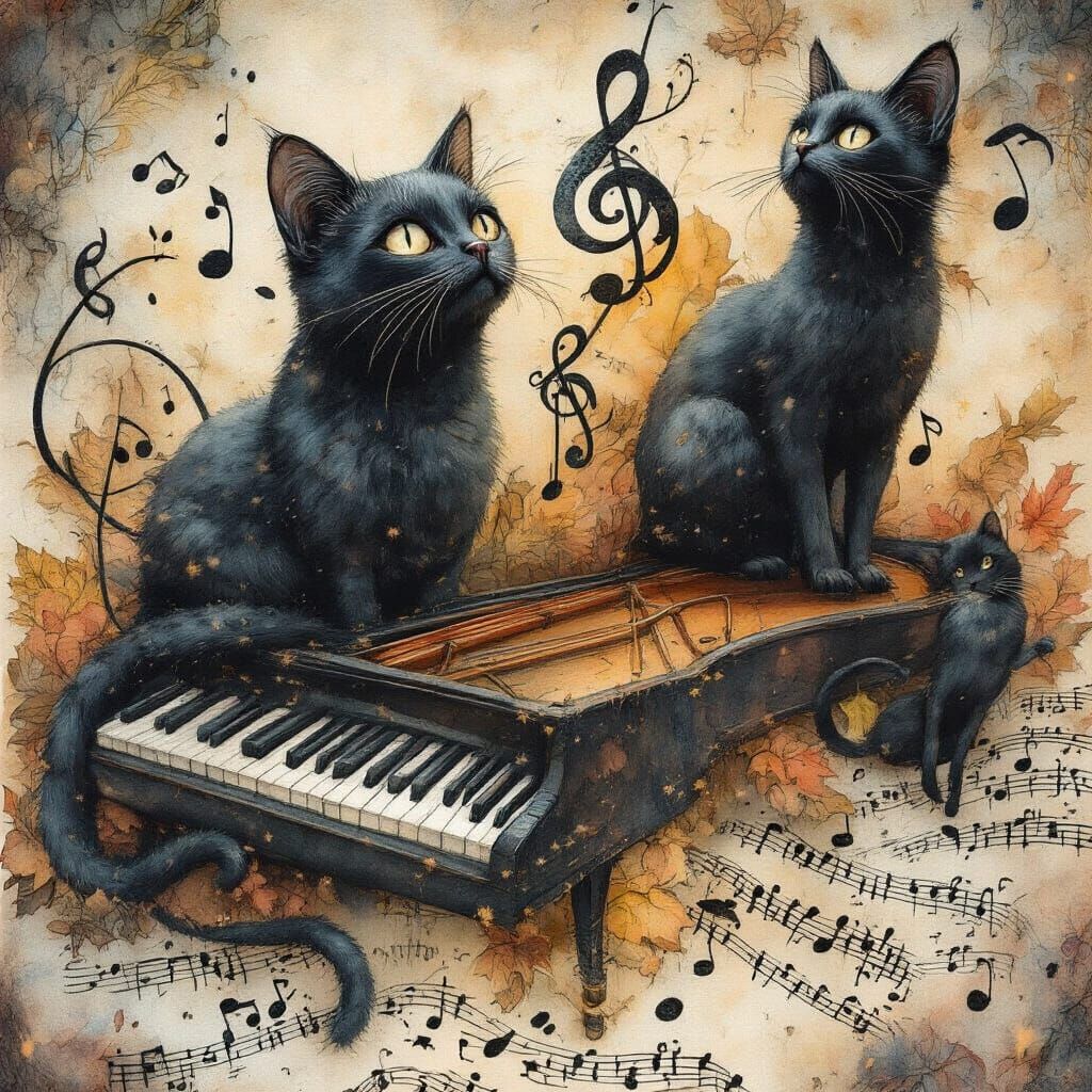 Dreamlike Cats: Whimsical Surrealist Scene in Watercolor