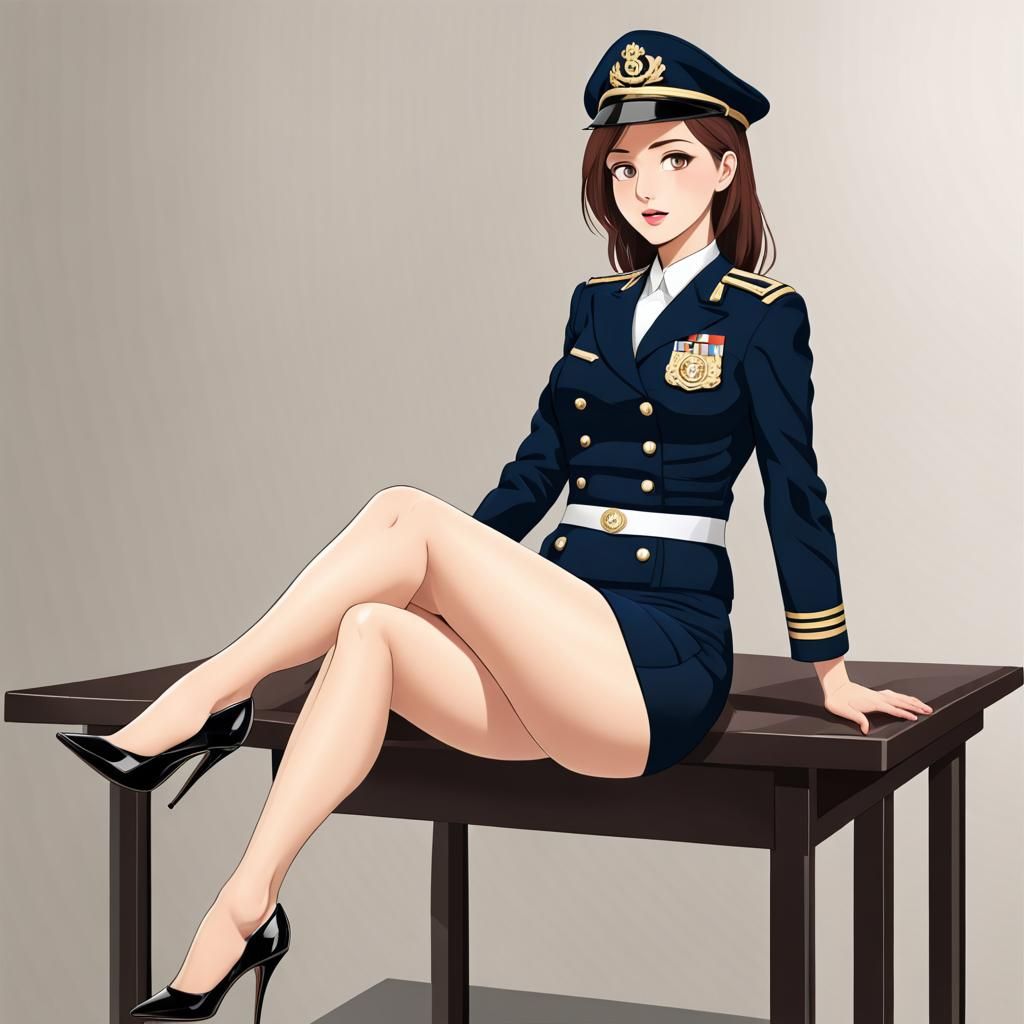 Woman in Naval Uniform and High Heels