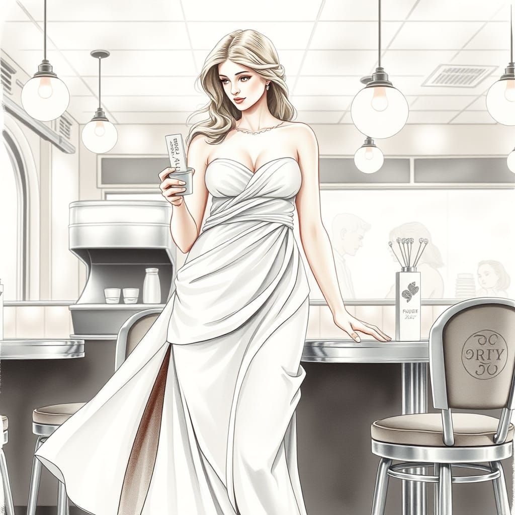 Aphrodite as Diner Waitress in Pastel Watercolors