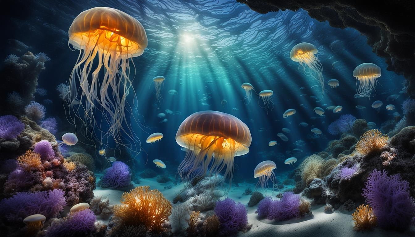 Spectacular Underwater Cave with Jellyfish, 3D Render