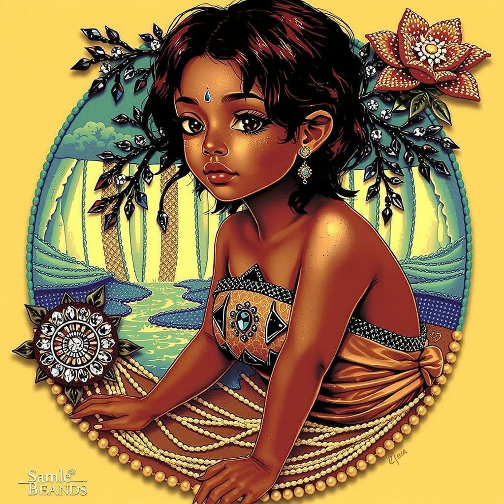 Ornate Beaded Waterfall Artwork with Gold and Silver Detail