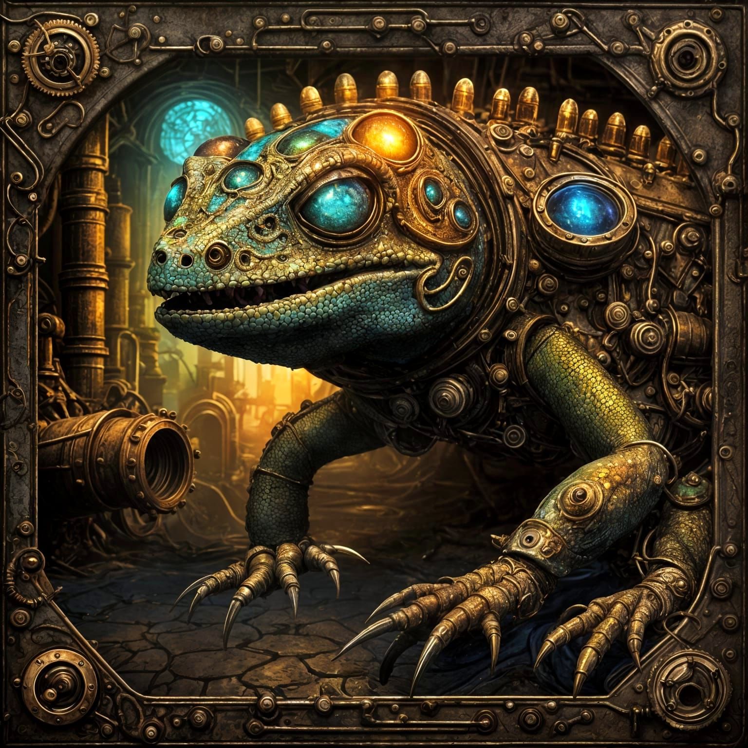 Rainbow Iridescent Lizard in Steampunk Sewage Tunnel