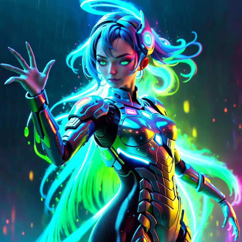 Sci-Fi Slime Girl in Misty Cyberpunk Scene