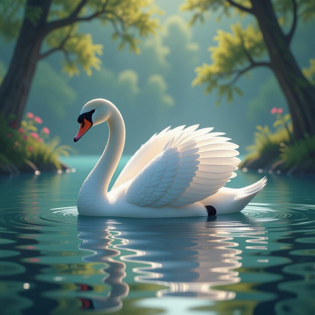 Porcelain Swan on Tranquil Lake, Digital Art