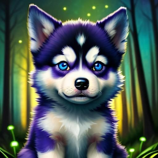 Adorable Husky Puppy in Bioluminescent Forest, Expressionist...