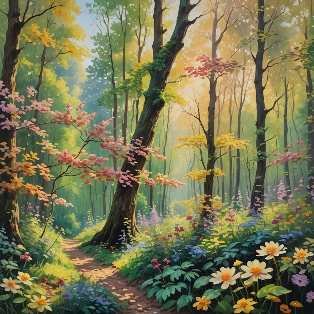 Blooming Forest in Impressionist Oil Painting