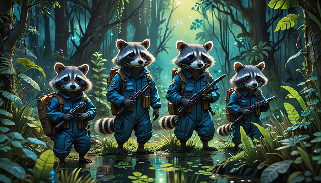 Raccoon Family in Bioluminescent Jungle Watercolor