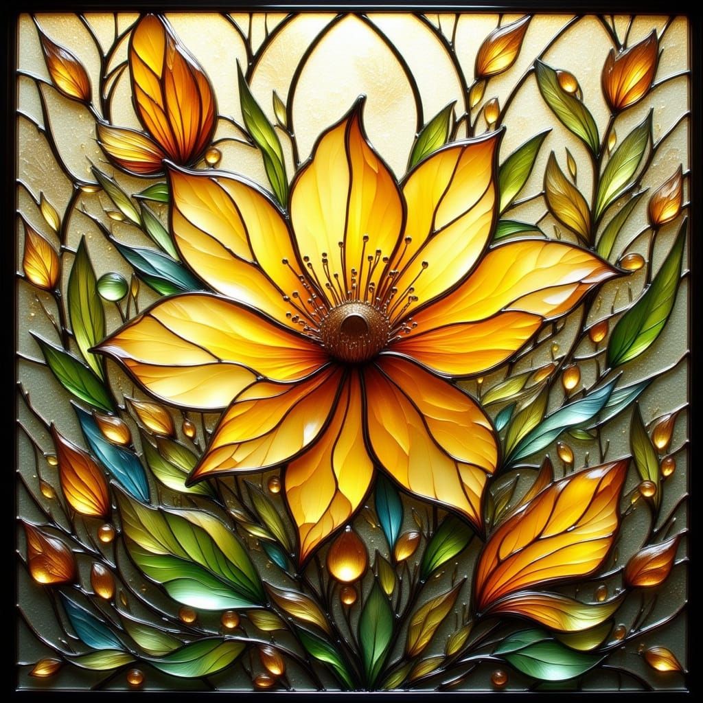 Stained Glass Flower and Butterfly in Art Nouveau Style