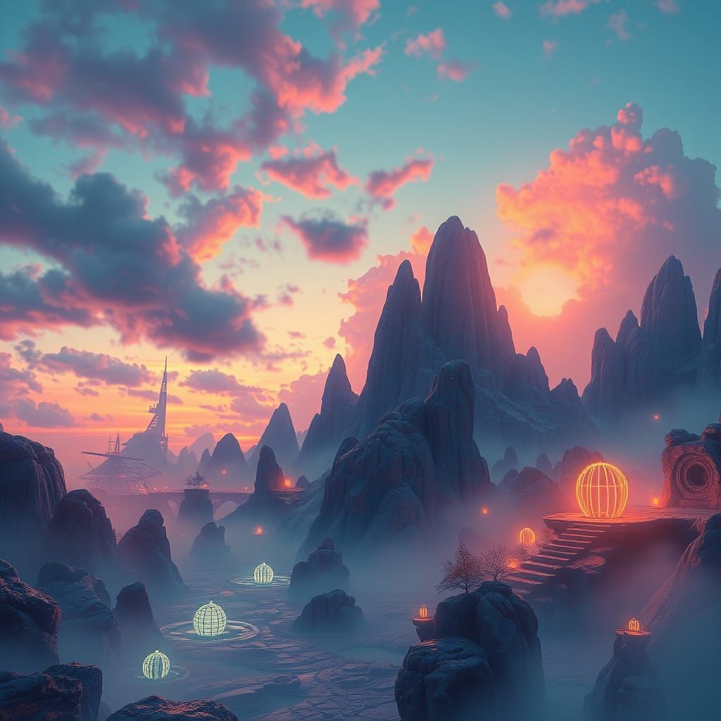 Surreal Dreamscape Unfolds at Dusk with Ethereal Glow
