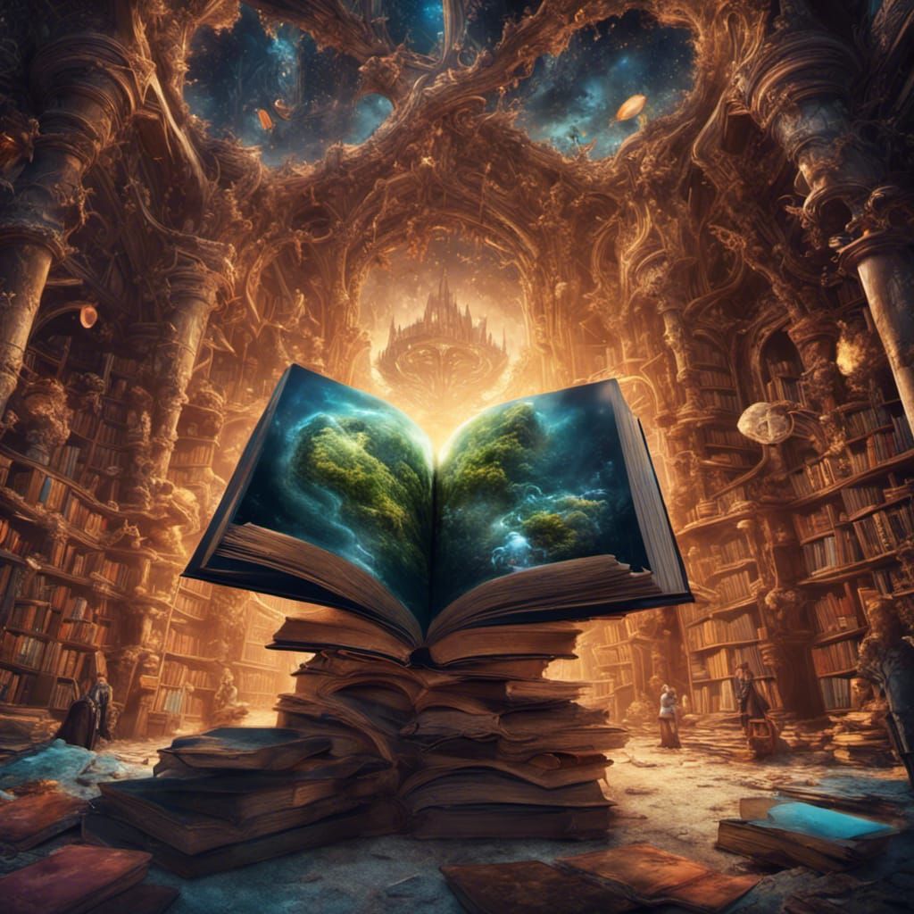 Fantasy world inside of the book. Concept of education imagination and creativity from reading books