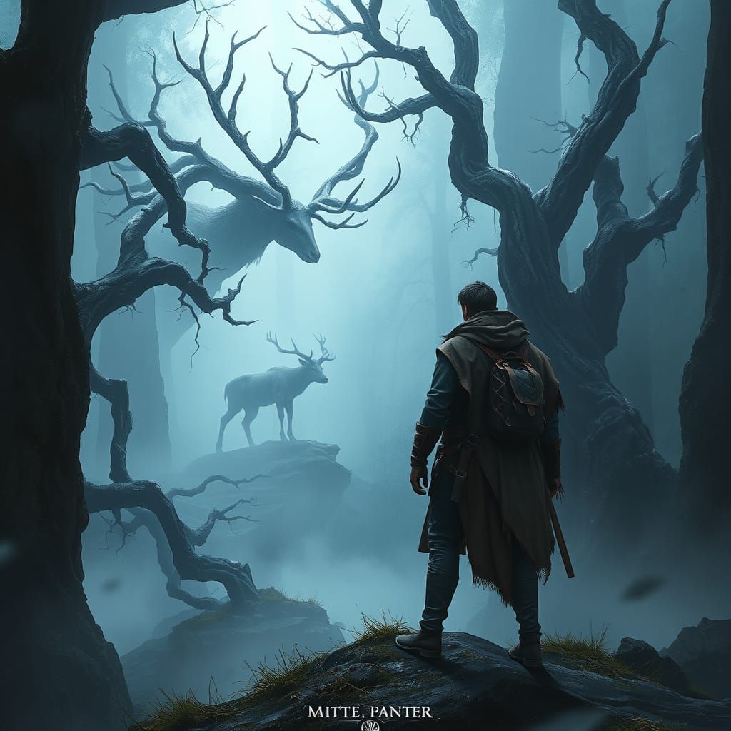 Misty Forest Encounter: Traveler and Ghostly Stag