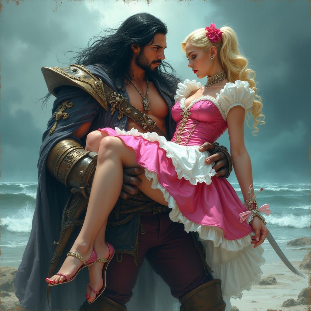 Pirate King Carries Maid in Stormy Seascape
