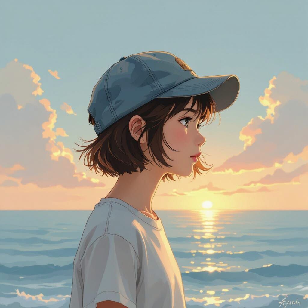Girl Stares at Ocean in Painterly Style