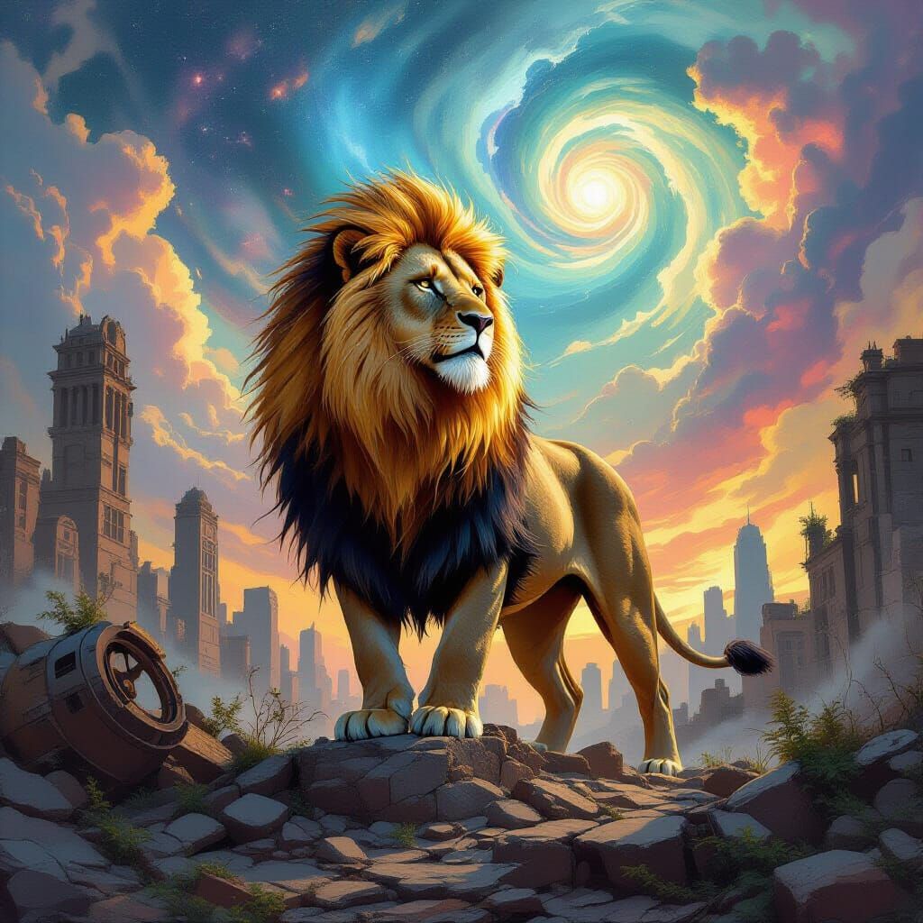 Golden Lion Overlooking Ruined Cityscape