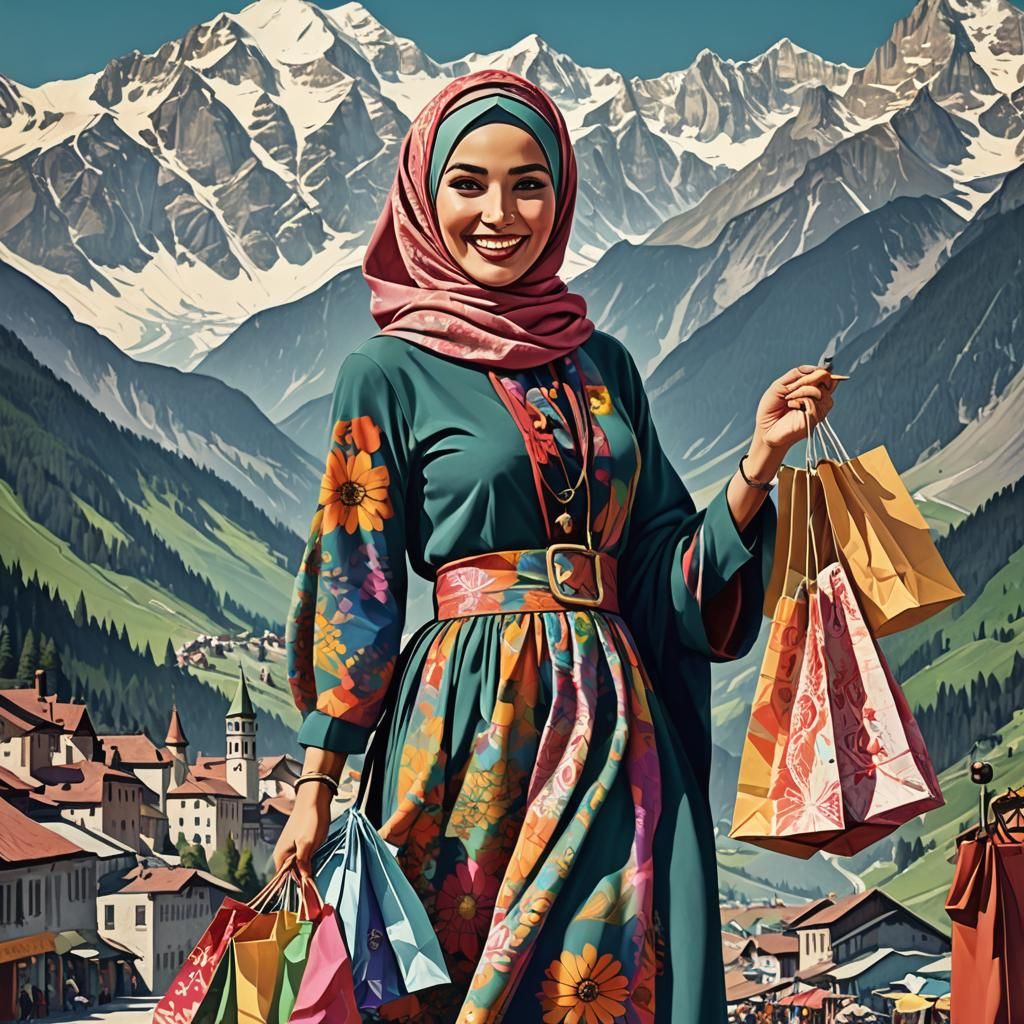 Happy Hijabi Shopper, 1960s Vintage Poster Style