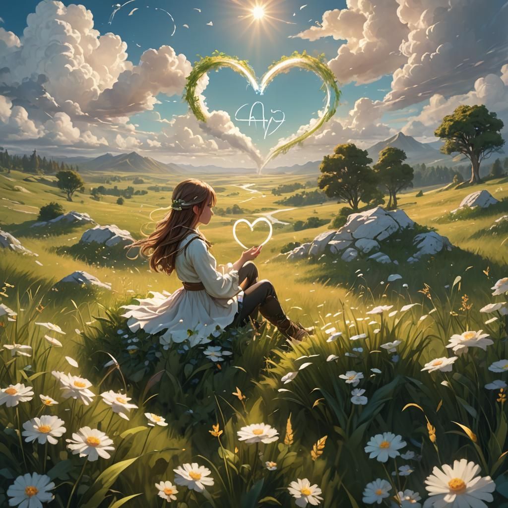 Girl in Meadow Makes Heart Shape: Fantasy Concept Art