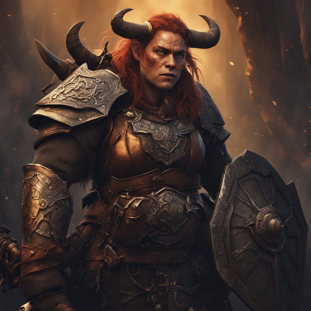 Female Dwarf Warrior with Battle Ax in Copper Armor