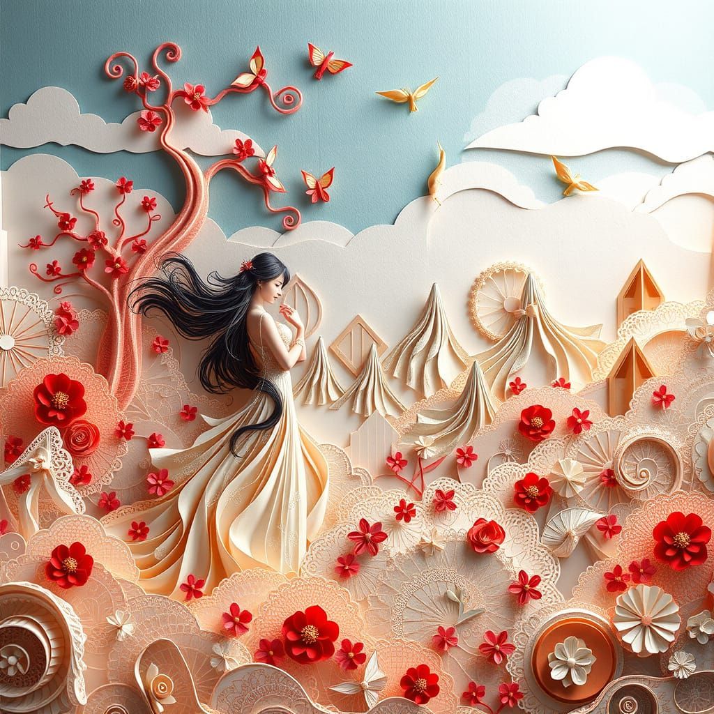 Surreal Papercraft Landscape with Asian Women
