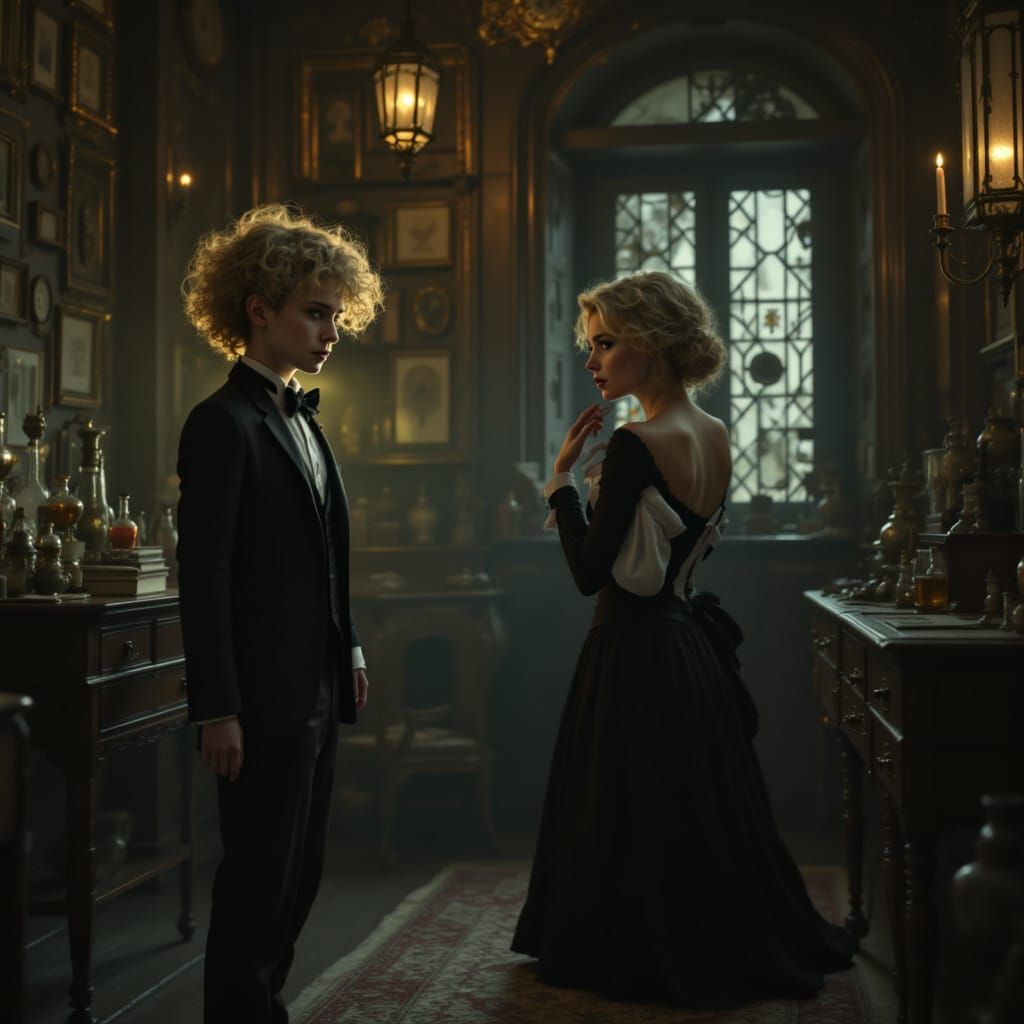 Gothic Horror Scene: Boy and Woman Await Doctor