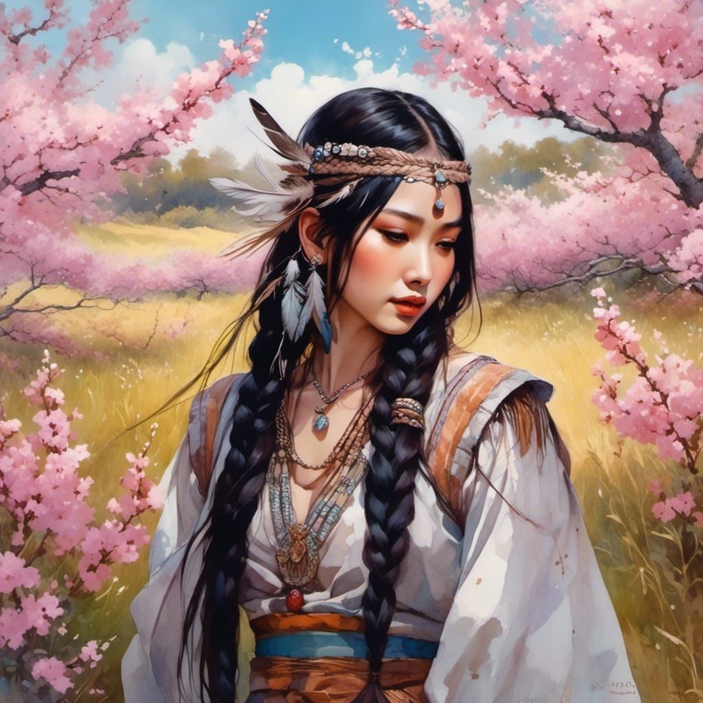 Thai Girl in Sakura Field with Native American Style