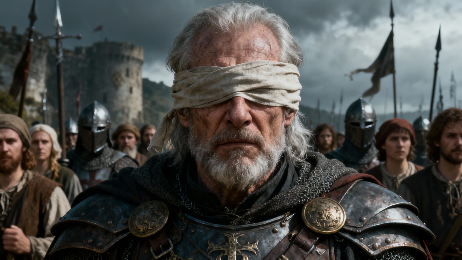 Blind General Leading Soldiers in Epic Fantasy Metal Art