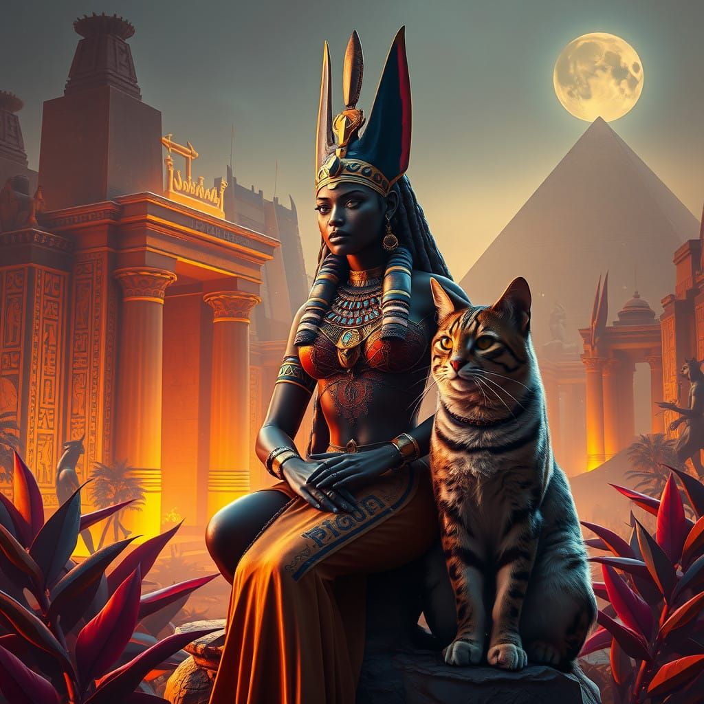 Regal Nubian Goddess Surrounded by Majestic Feline and Ancie...