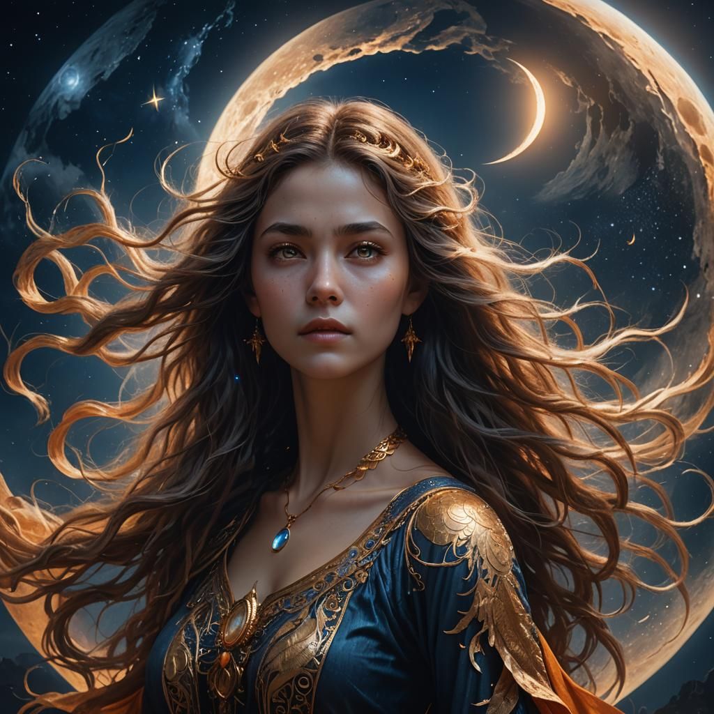 Ethereal Woman Emerges from Shining Moon: Fantasy Art