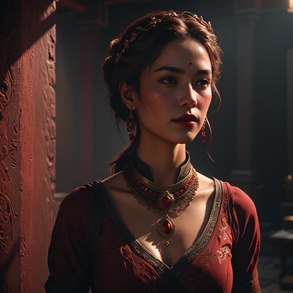 Mysterious Woman in Shadows with Crimson Neckband
