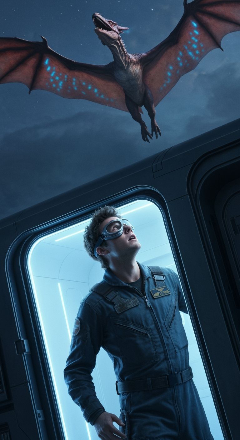 Time Traveler Meets Bioluminescent Teradactyl in Twilight Sk...