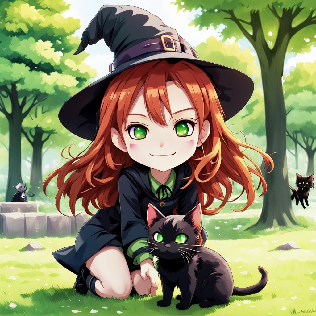 Chibi Witch and Cat in Anime Style Park