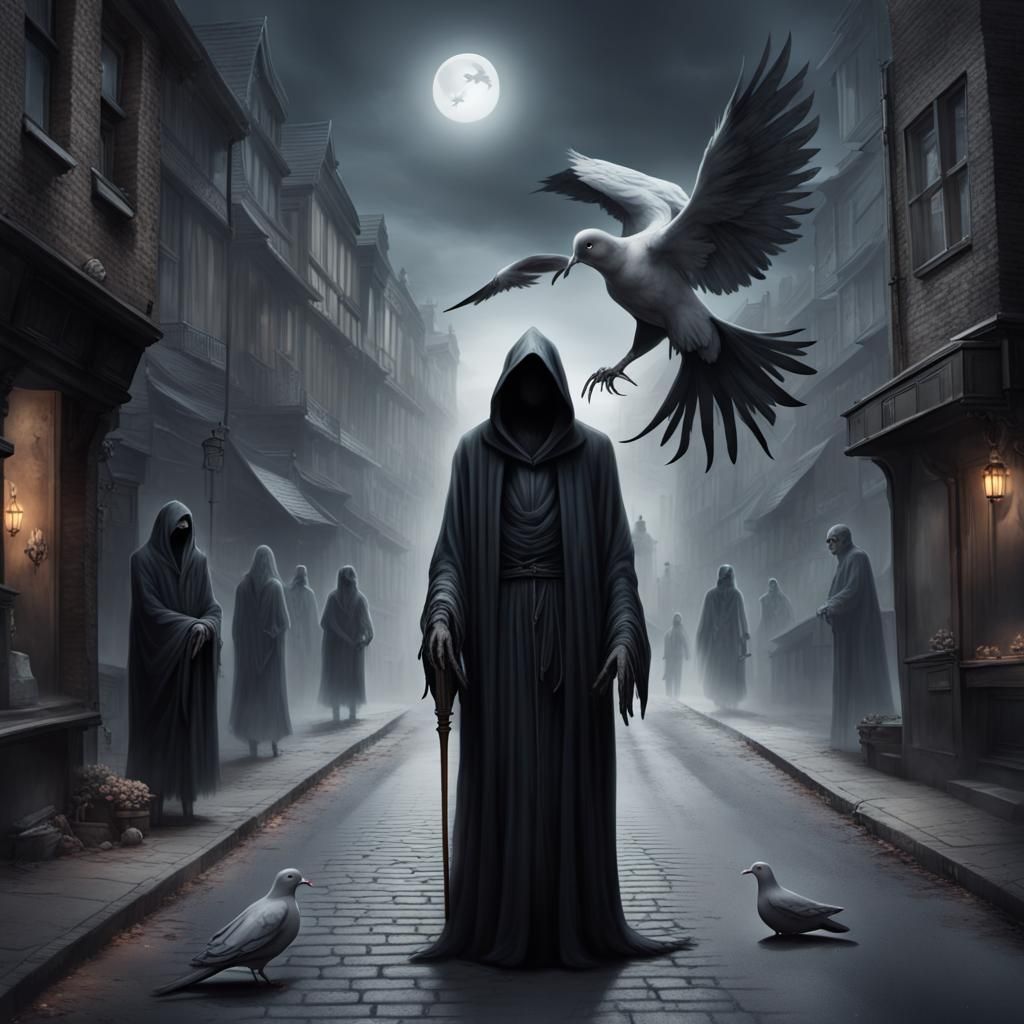 Grim Reaper and Dove in Dark Street