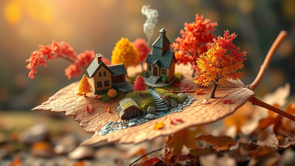 Cozy Autumn Village Miniature Diorama on a Leaf