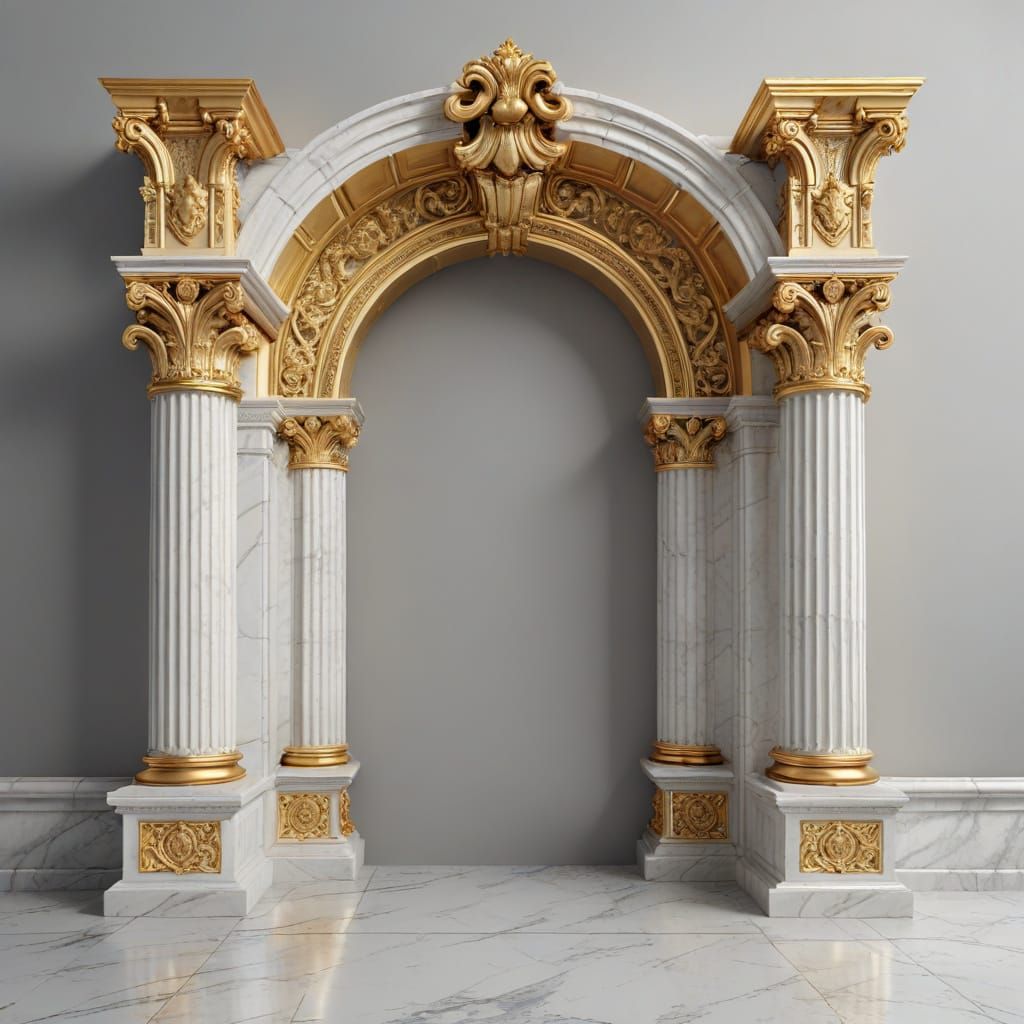 Elegant White Marble Archway with Gold Corinthian Columns