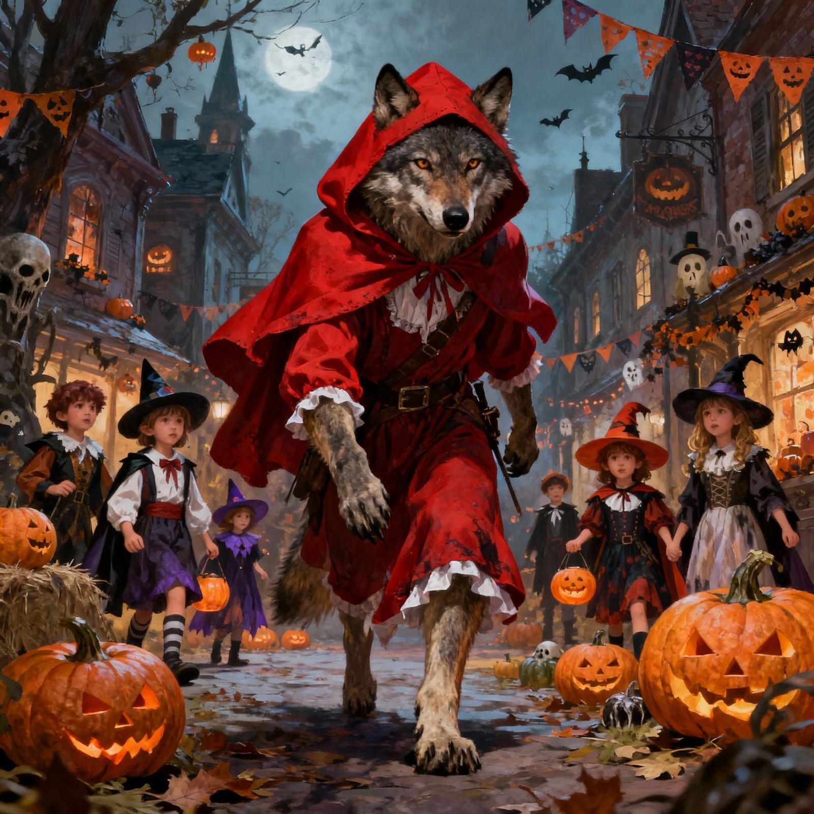 Wolf in Red Riding Hood Costume Haunts Halloween Street