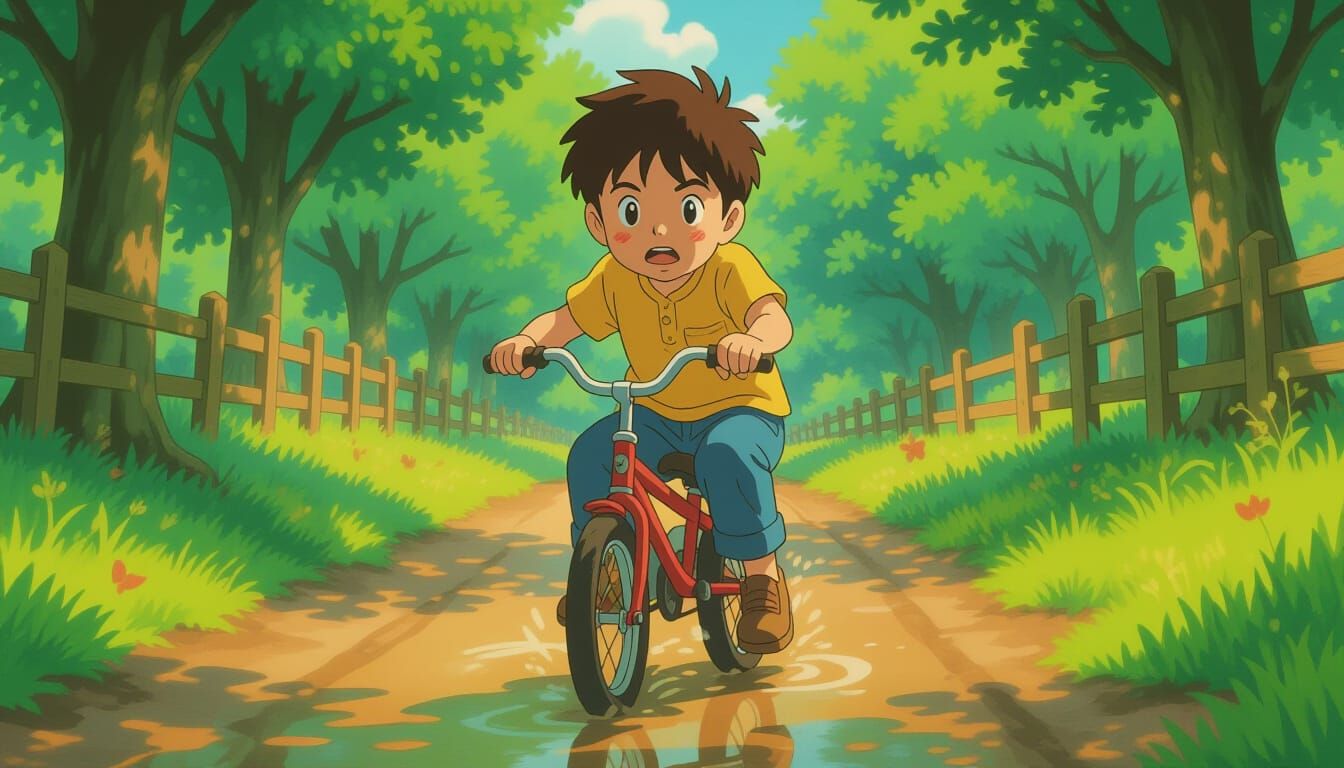 Resilient Boy Learns to Ride Bike in Muddy Cartoon Style