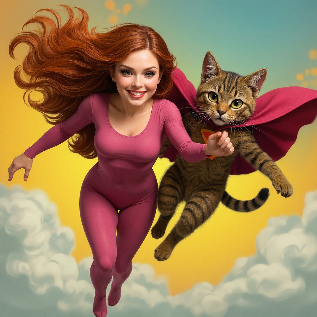 Pop Art Superhero and Cat Sidekick in Flight