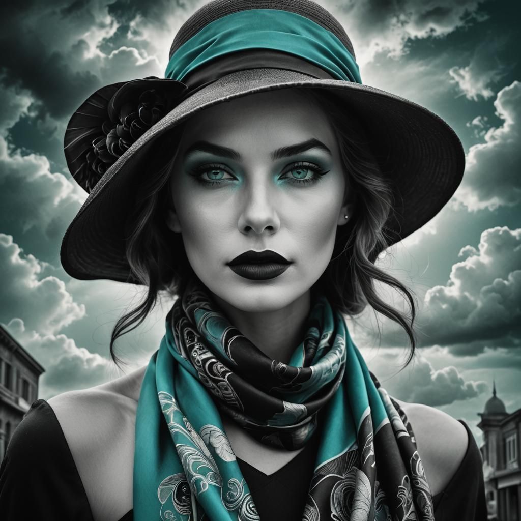 Moody and mysterious Art Deco image in black and white of a beautiful women with turquoise lips wearing a mask a large h...