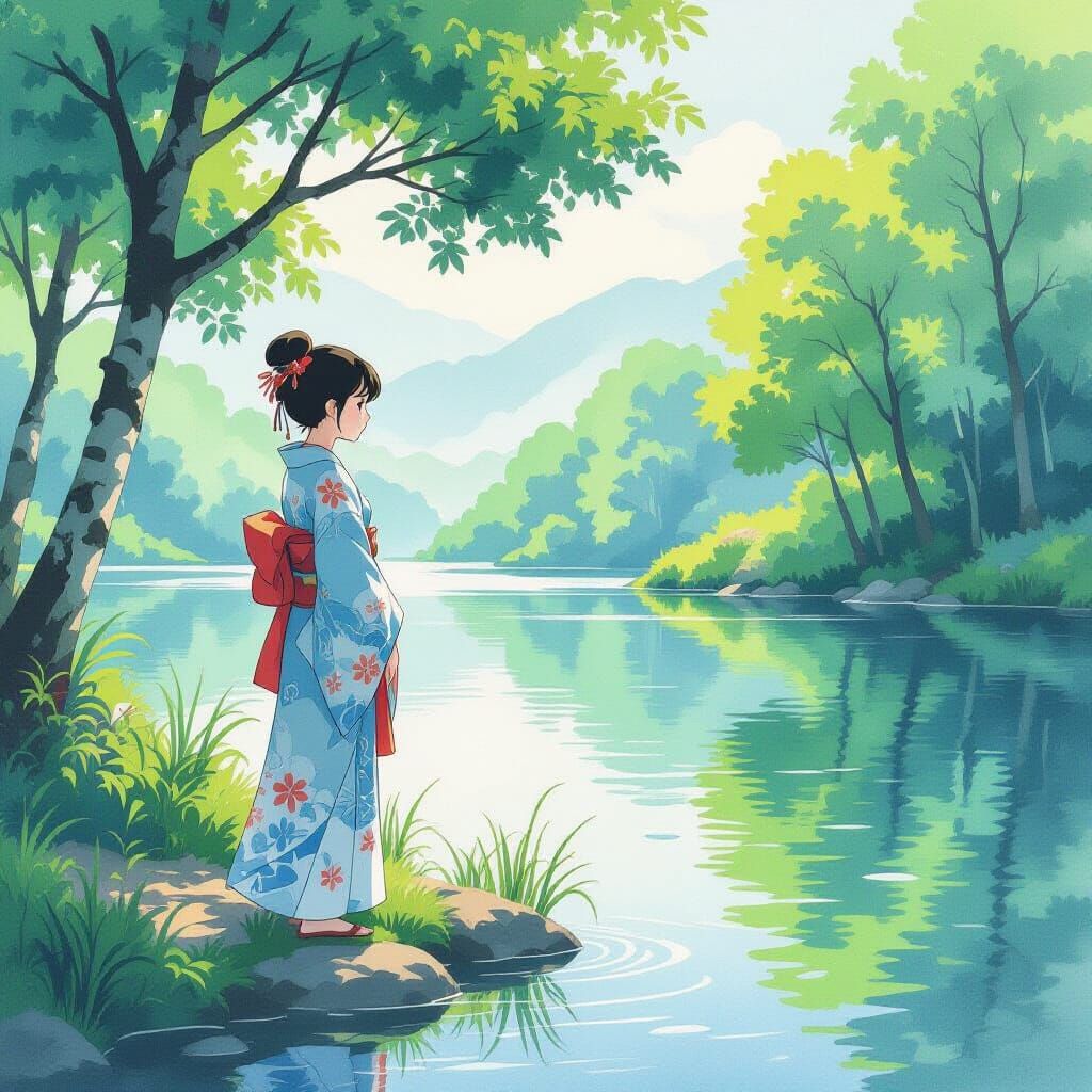 Girl in Aquatic Attire by Serene Lake