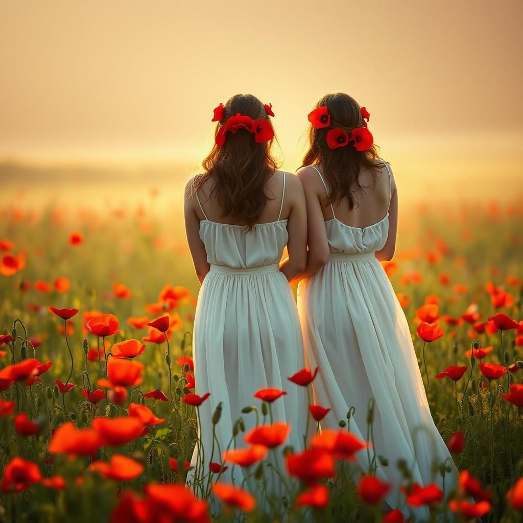 Women in White Dresses in Poppy Field