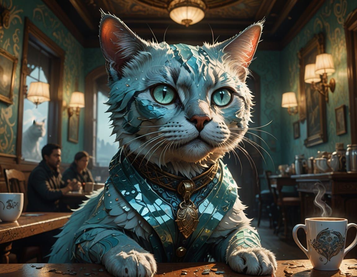 Hyperrealistic Cat Portrait with Coffee