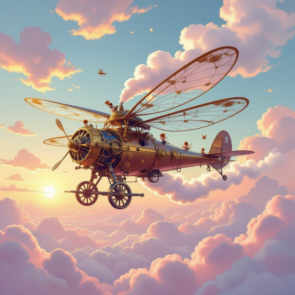 Steampunk Dragonfly Airship Soaring Through Cotton Candy Sky