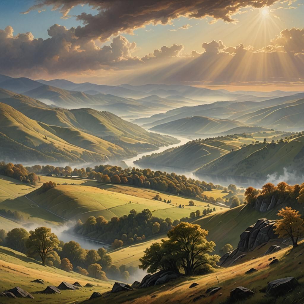 Panoramic Hilly Landscape Painting in Hudson River School St...