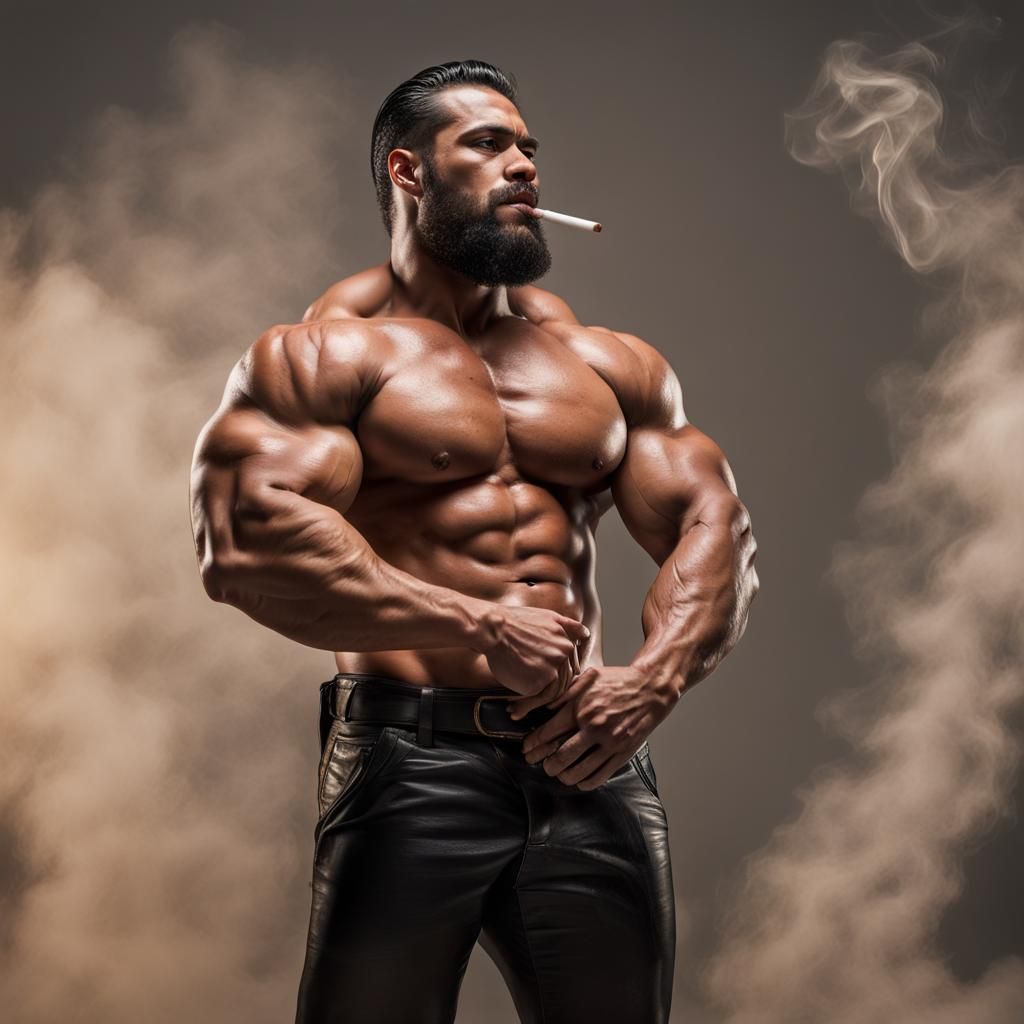 Hyperrealistic Egyptian Bodybuilder Smoking Cigarette