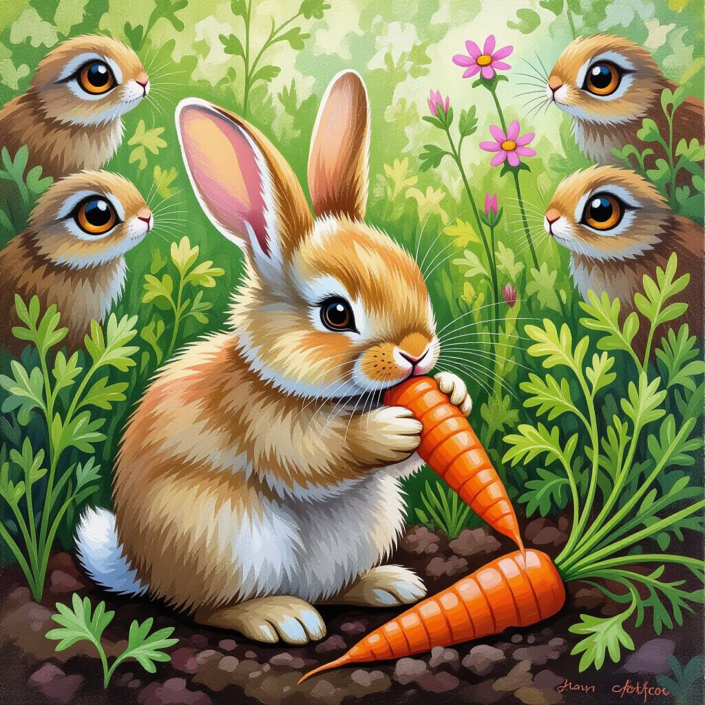 Fluffy Bunny Eating Carrot in Garden, Beatrix Potter Style