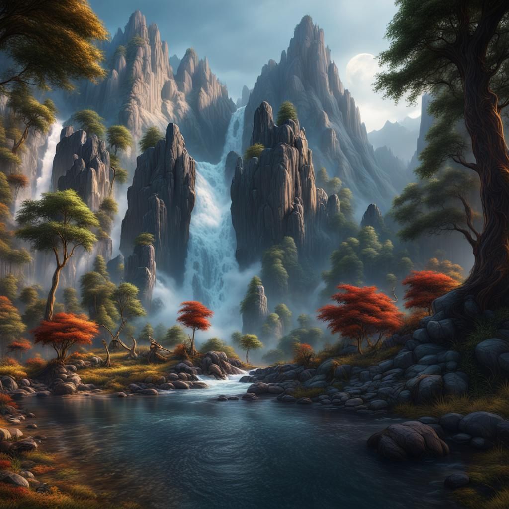 Lush Waterfall and Mountains in Fantasy Concept Art