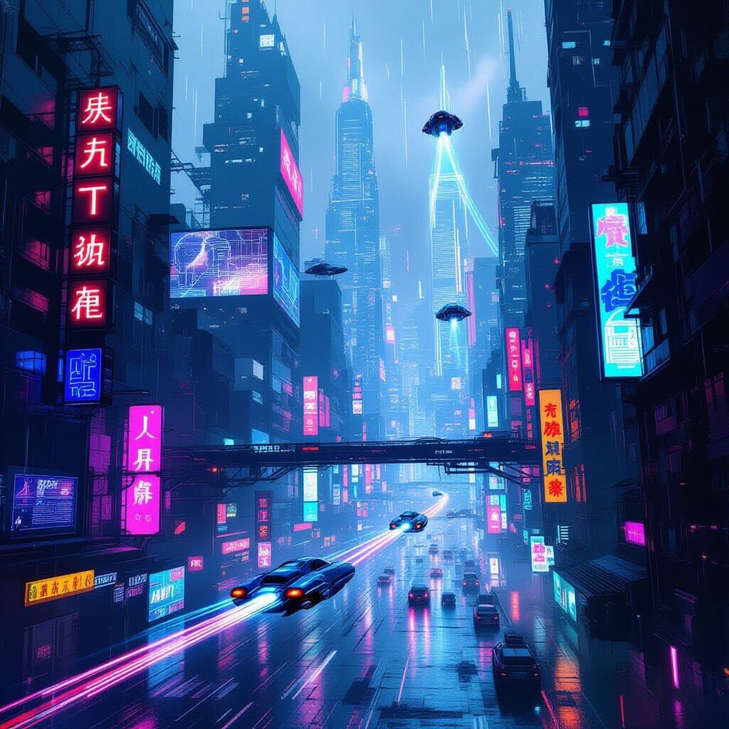 Futuristic Cityscape Blending Blade Runner and Tron Styles