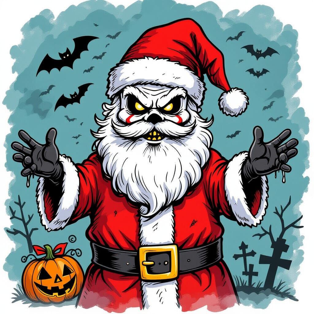 Spooky Halloween Scarecrow Dressed as Santa Claus Drawing